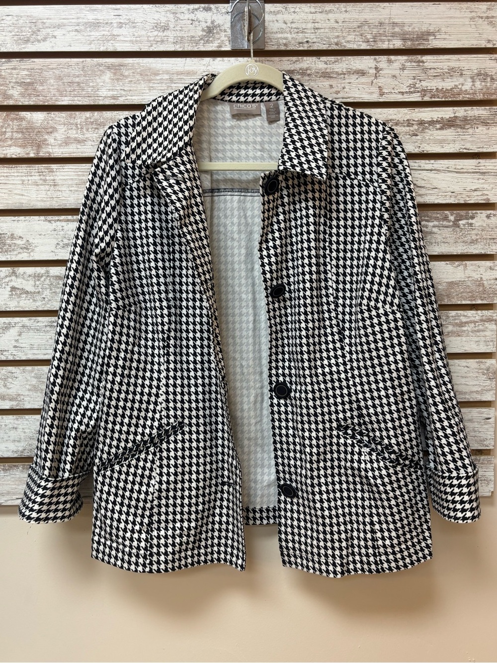 Chico’s Houndstooth Blazer Jacket Black White Size 2 Classic Career